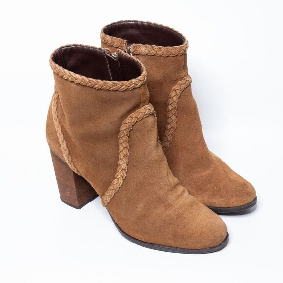 SCHUTZ Braided Ankle Suede Booties Boho Western Boots Cognac Brown Sz 7 - Picture 1 of 8